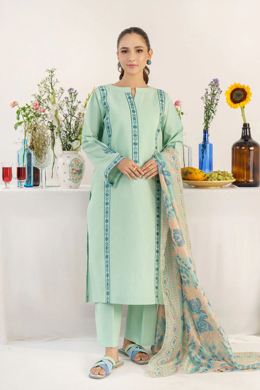 HANA- 3PC DHANAK EMBROIDERED SHIRT WITH WOOL PRINT SHAWL AND TROUSER-TANA-1558