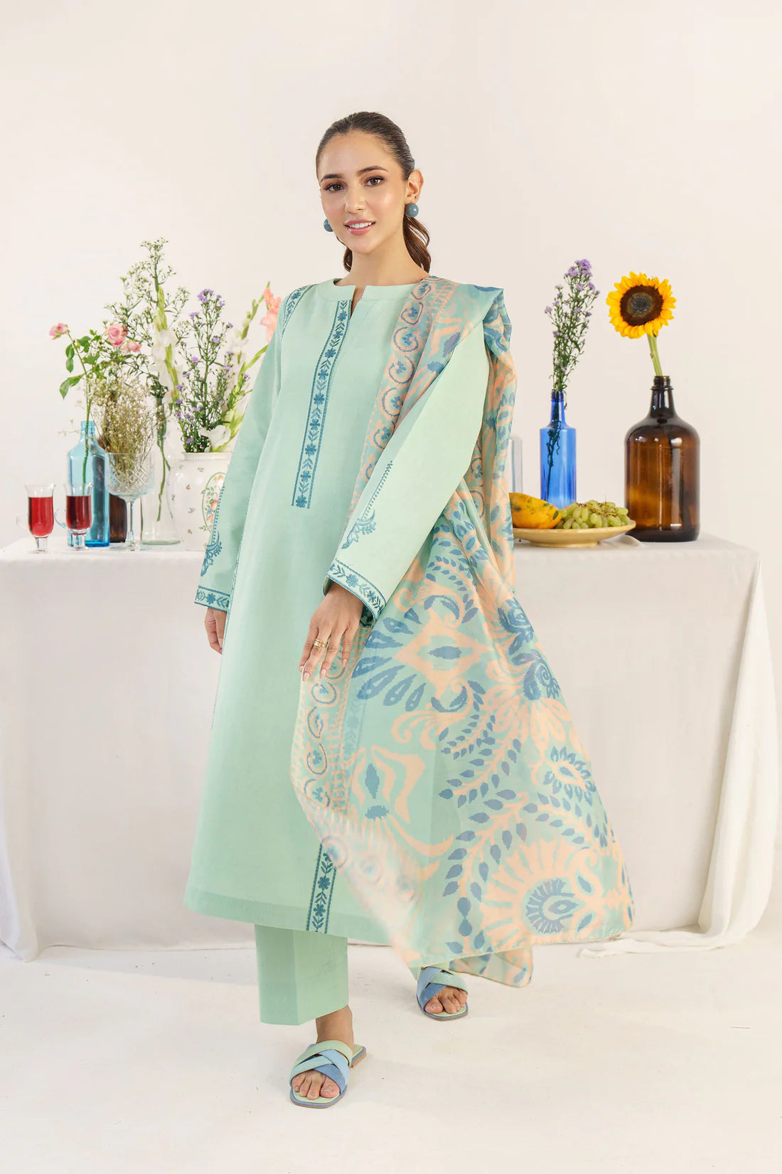 HANA- 3PC DHANAK EMBROIDERED SHIRT WITH WOOL PRINT SHAWL AND TROUSER-TANA-1558