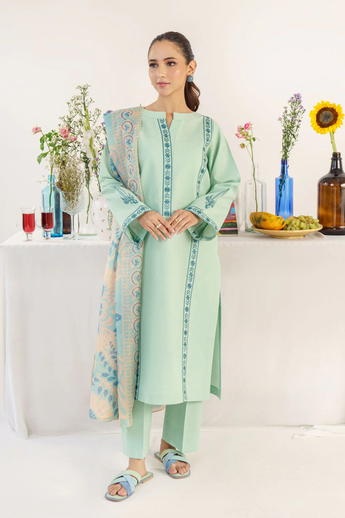 HANA- 3PC DHANAK EMBROIDERED SHIRT WITH WOOL PRINT SHAWL AND TROUSER-TANA-1558