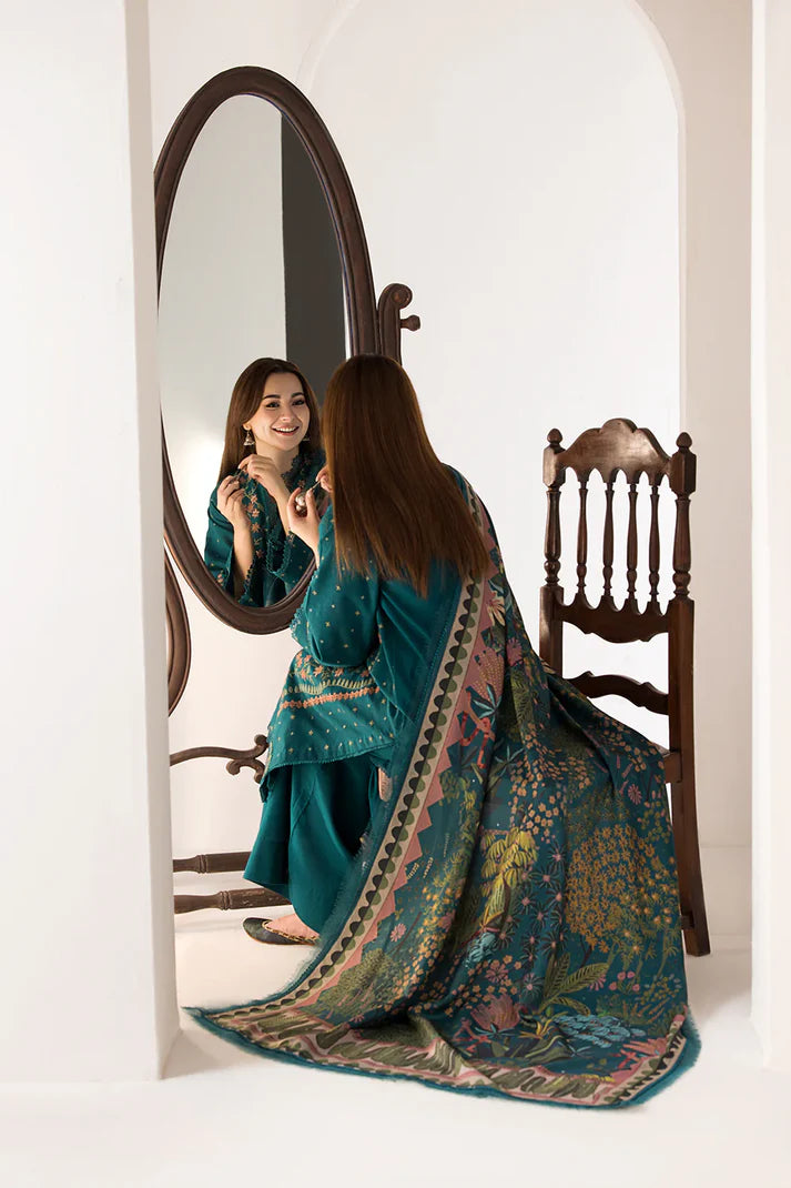 SOBIA NAZIR- 3PC DHANAK EMBROIDERED SHIRT WITH WOOL PRINT SHAWL AND TROUSER-TBF-1901