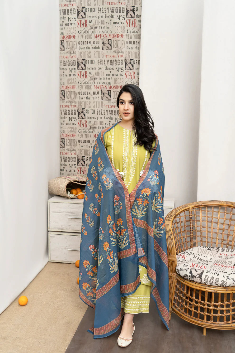 URGE- 3PC DHANAK EMBROIDERED SHIRT WITH COUTURE WOOL PRINT SHAWL AND EMB TROUSER-TANA-1585