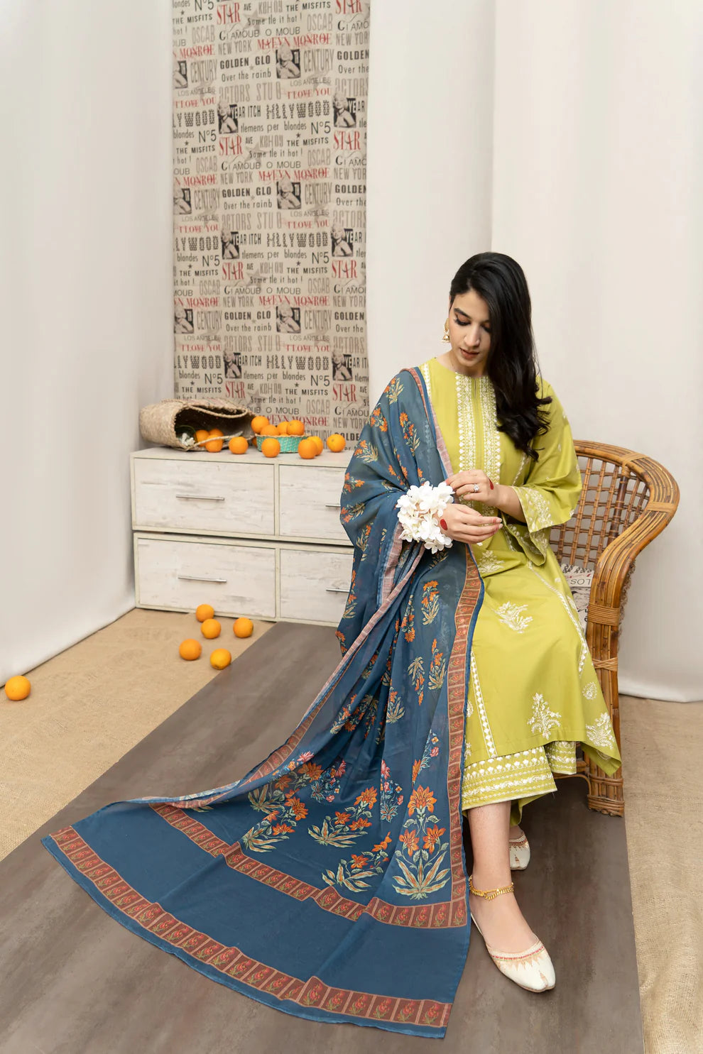 URGE- 3PC DHANAK EMBROIDERED SHIRT WITH COUTURE WOOL PRINT SHAWL AND EMB TROUSER-TANA-1585