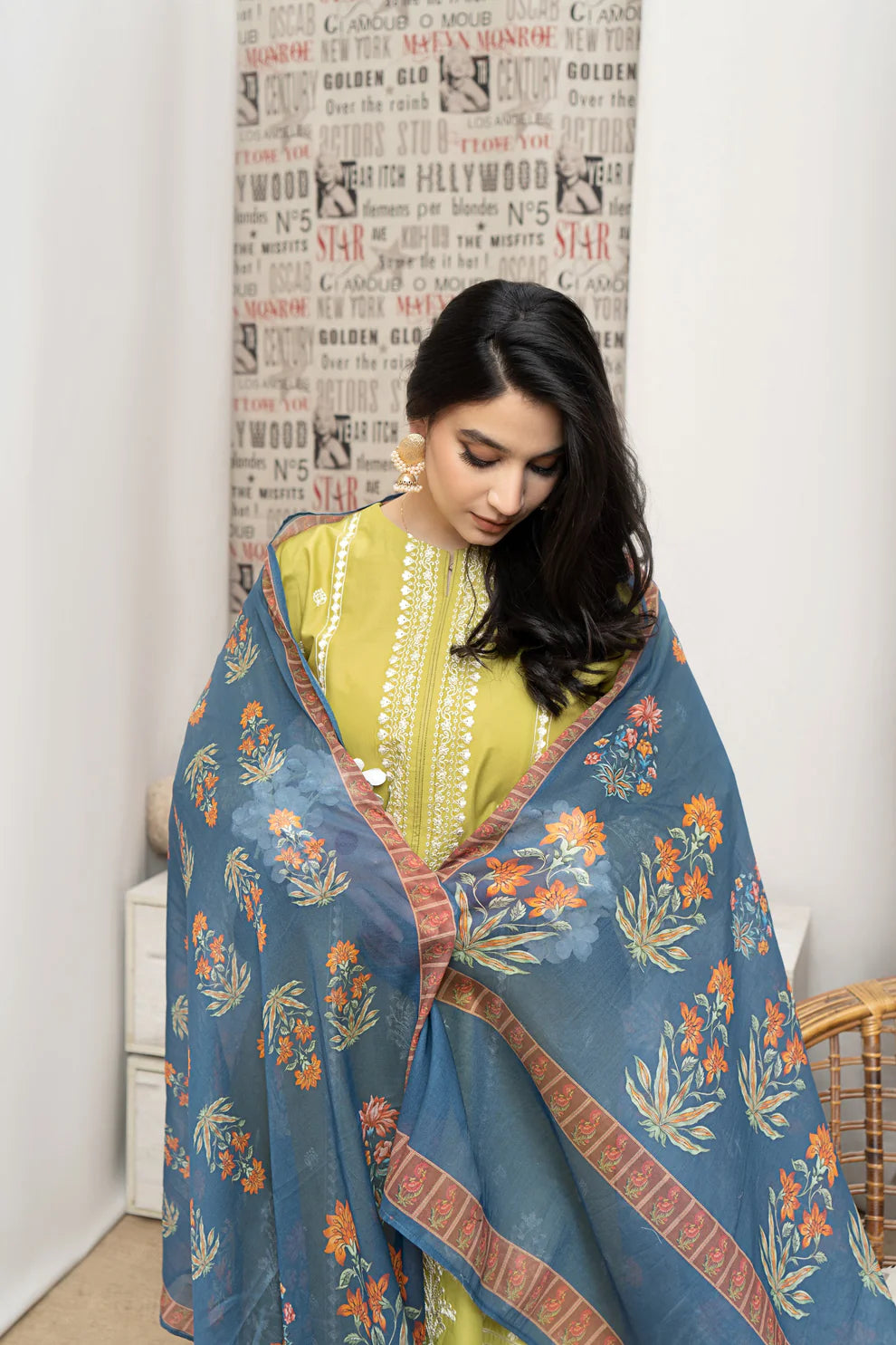 URGE- 3PC DHANAK EMBROIDERED SHIRT WITH COUTURE WOOL PRINT SHAWL AND EMB TROUSER-TANA-1585