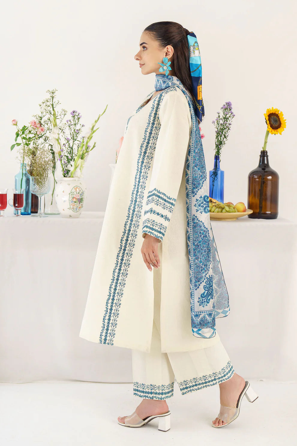 HANA- 3PC KHADAR EMBROIDERED SHIRT WITH COUTURE PRINT SHAWL AND TROUSER-1563