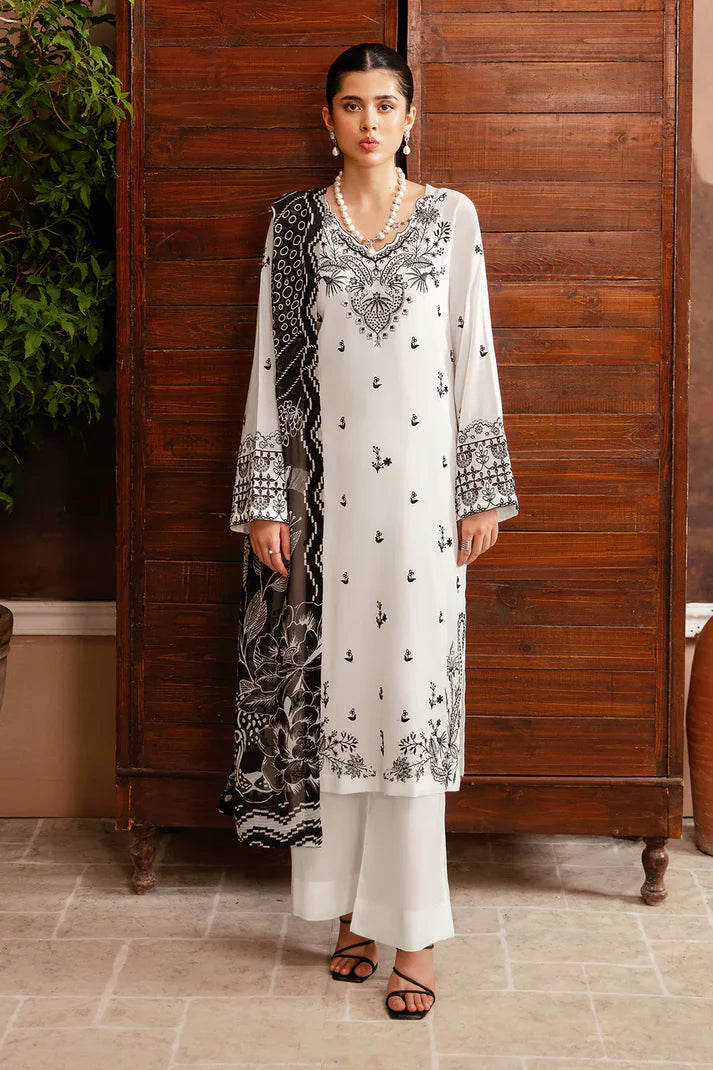 AFSANAH-3PC DHANAK EMBROIDERED SHIRT WITH COUTURE PRINTED SHAWL & TROUSER-TBF-1789