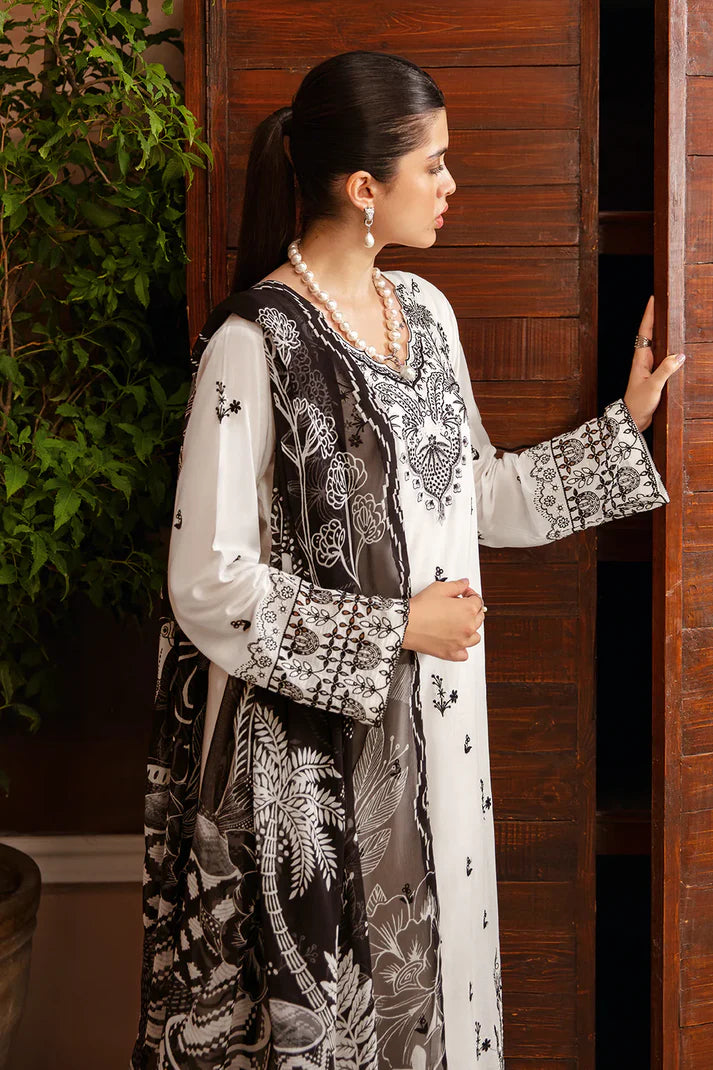 AFSANAH-3PC DHANAK EMBROIDERED SHIRT WITH COUTURE PRINTED SHAWL & TROUSER-TBF-1789