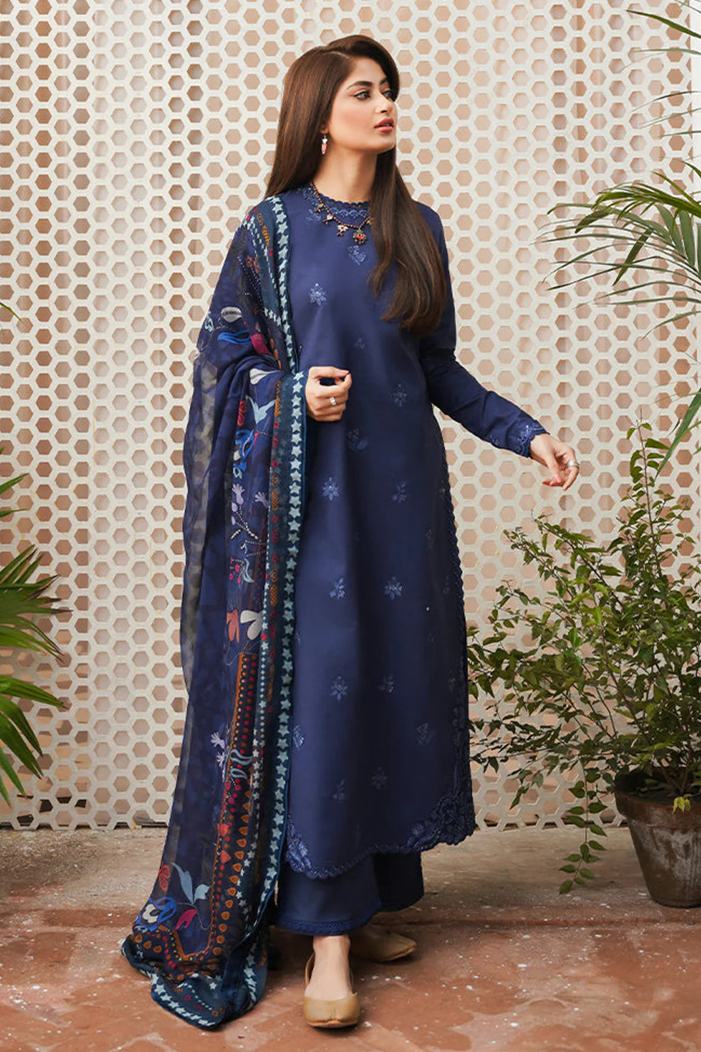 SERAN- 3PC DHANAK EMBROIDERED SHIRT WITH WOOL PRINT SHAWL-TANA-1628