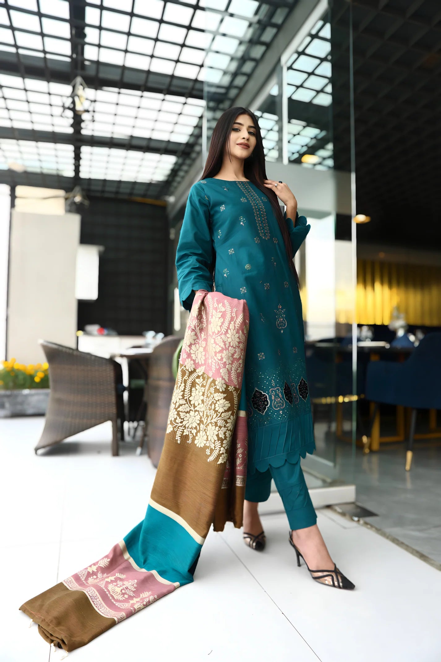 TANA BANA-3PC KHADDAR CUTWORK EMBROIDERED SHIRT WITH KASHMIRI JACQUARD WOOL SHAWL-TBF-1813