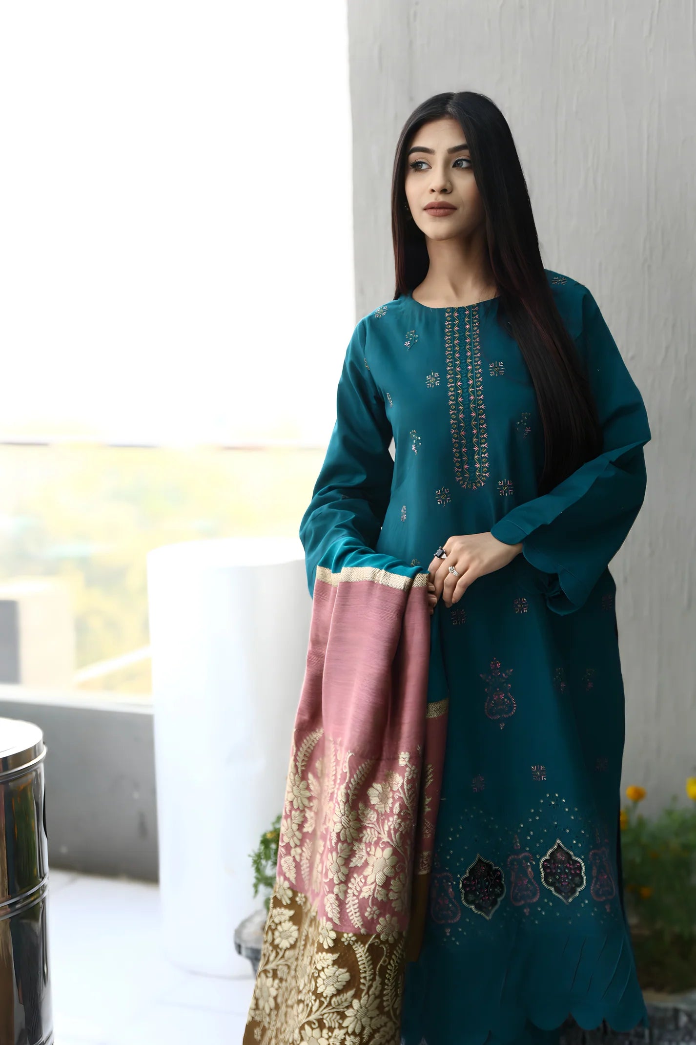 TANA BANA-3PC KHADDAR CUTWORK EMBROIDERED SHIRT WITH KASHMIRI JACQUARD WOOL SHAWL-TBF-1813