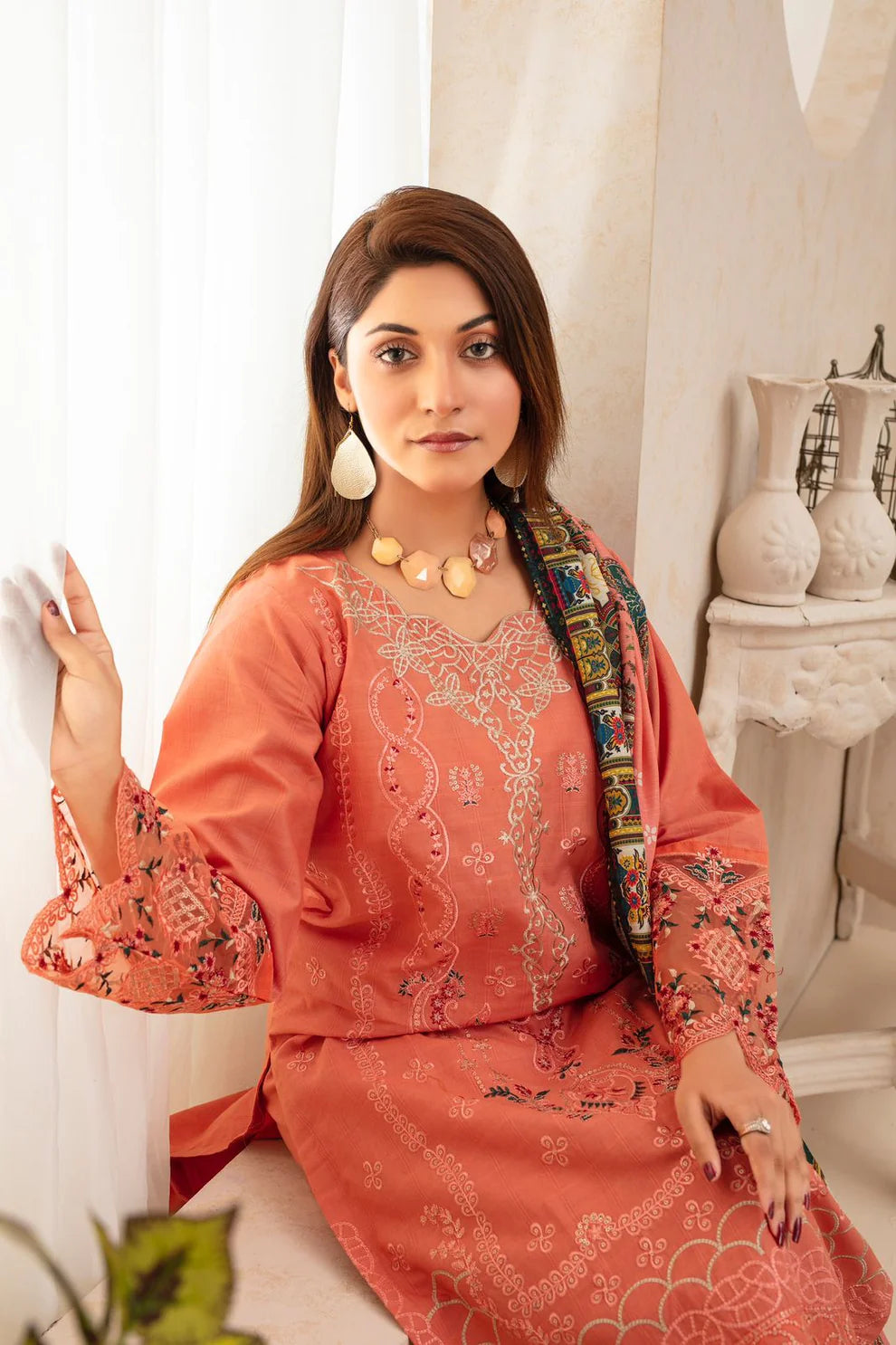 TANA BANA -WINTER COTTON 3PC EMBROIDERED SHIRT WITH DORIA PRINTED SHAWL-TANA-1694