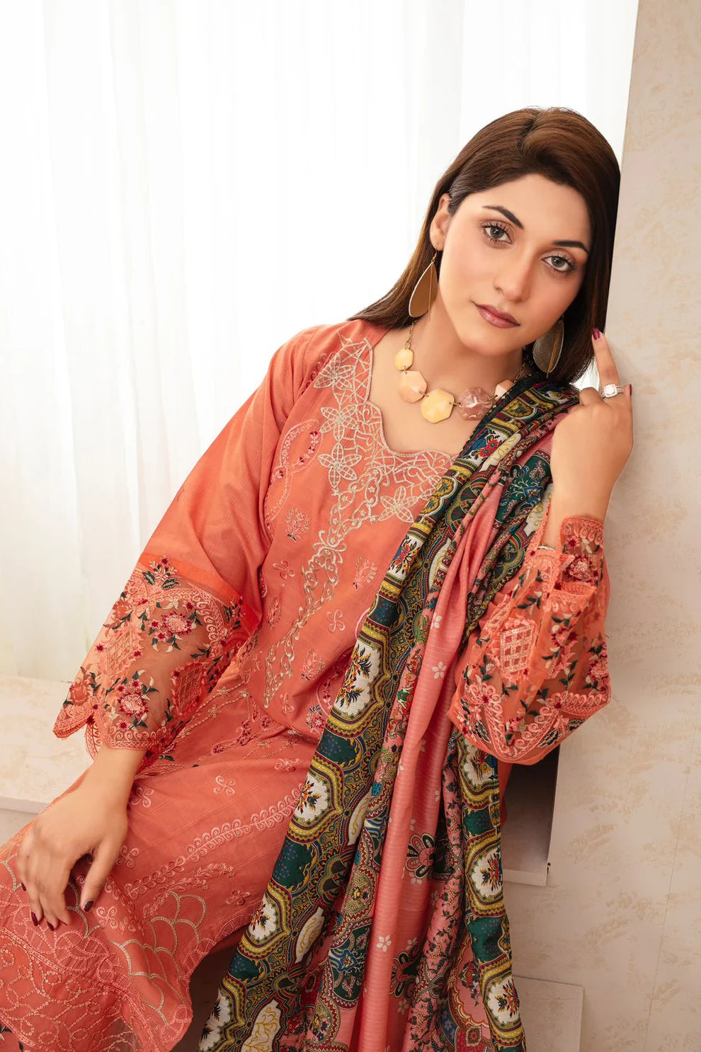 TANA BANA -WINTER COTTON 3PC EMBROIDERED SHIRT WITH DORIA PRINTED SHAWL-TANA-1694