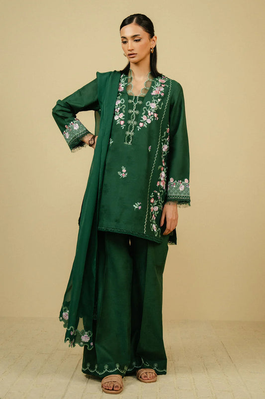 ZAHRA SHAHJAHAN-3PC DHANAK EMBROIDERED SHIRT WITH CHIFFON EMBROIDRED DUPATTA AND TROUSER-TANA-1667