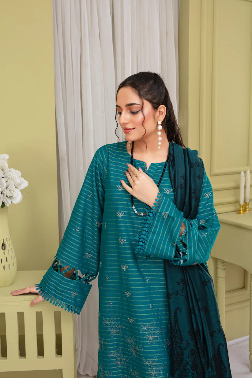 TANA BANA-3PC KHADAR CUTWORK EMBROIDERED SHIRT WITH KASHMIRI JACQUARD WOOL SHAWL-TBF-1903