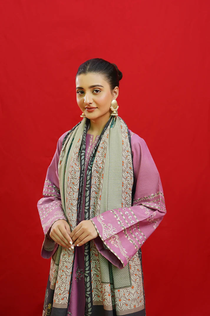 URGE-3PC KHADDAR EMBROIDRED SHIRT WITH WOOL PRINTED SHAWL & EMB TROUSER-TBF-1762