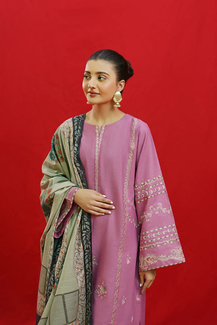 URGE-3PC KHADDAR EMBROIDRED SHIRT WITH WOOL PRINTED SHAWL & EMB TROUSER-TBF-1762