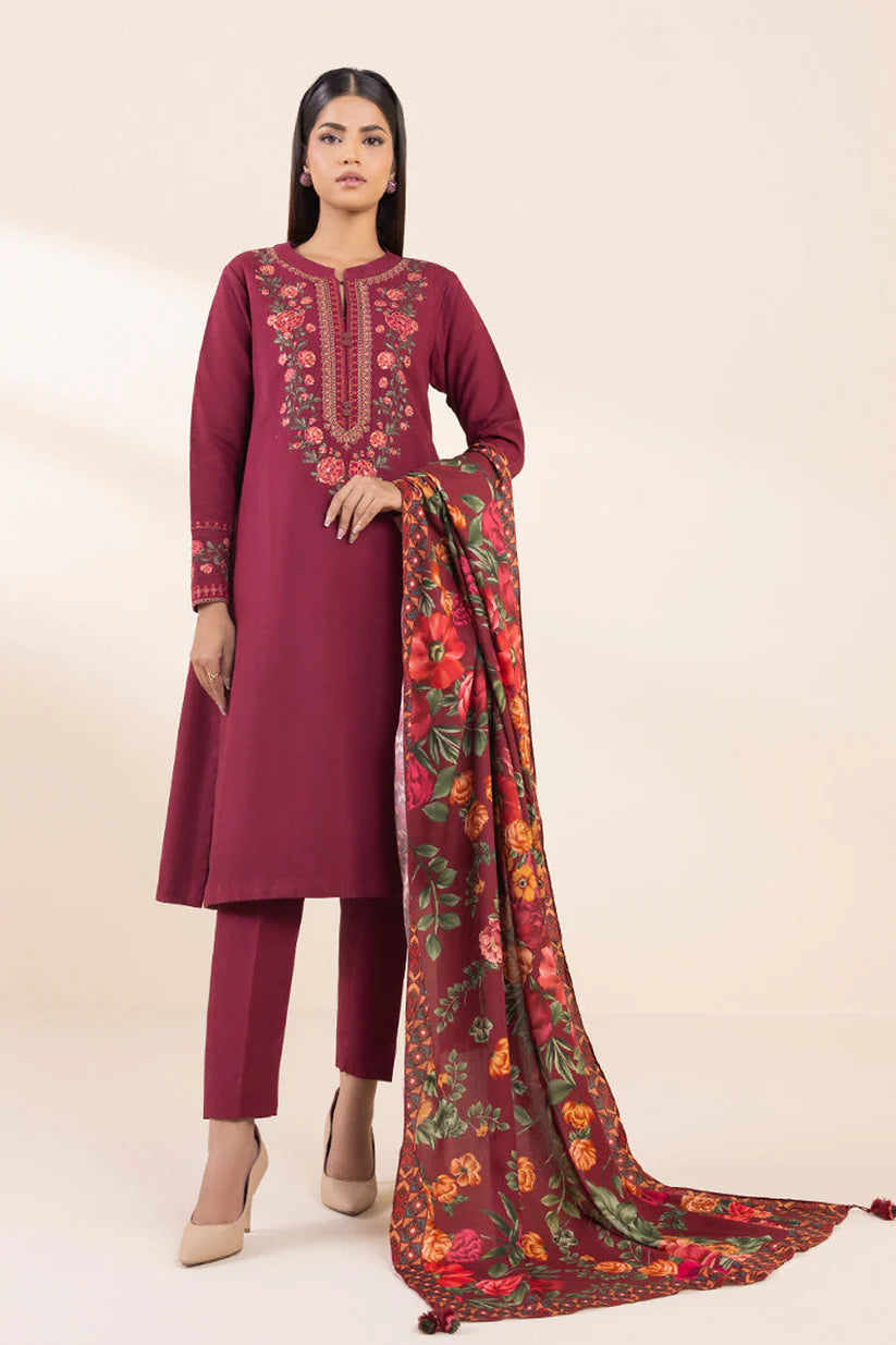 SAPPHIRE- 3PC DHANAK EMBROIDERED SHIRT WITH WOOL PRINT SHAWL AND TROUSER-TBF-RED-S