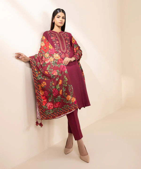 SAPPHIRE- 3PC DHANAK EMBROIDERED SHIRT WITH WOOL PRINT SHAWL AND TROUSER-TBF-RED-S