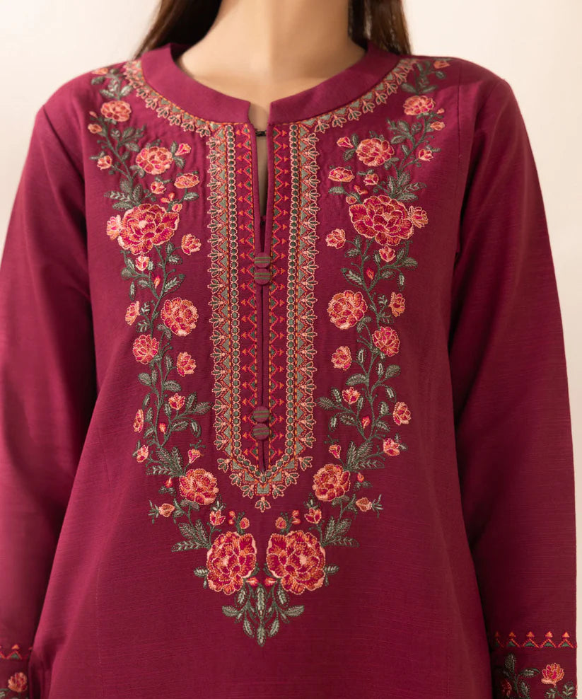 SAPPHIRE- 3PC DHANAK EMBROIDERED SHIRT WITH WOOL PRINT SHAWL AND TROUSER-TBF-RED-S