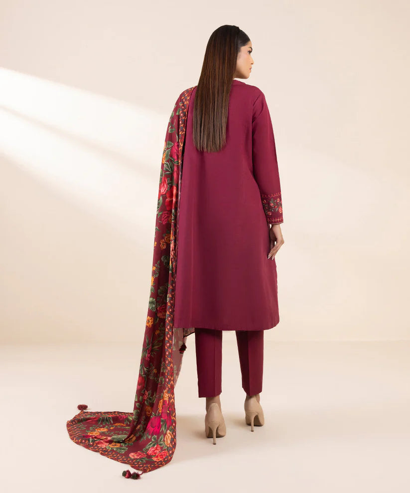 SAPPHIRE- 3PC DHANAK EMBROIDERED SHIRT WITH WOOL PRINT SHAWL AND TROUSER-TBF-RED-S