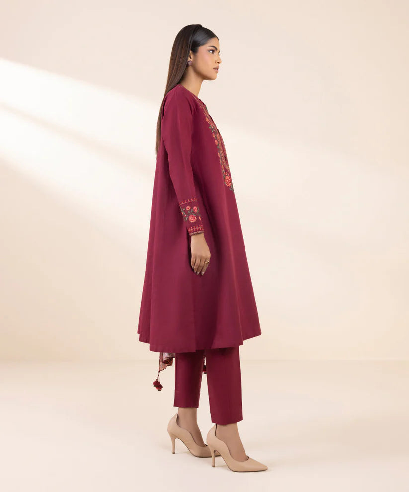 SAPPHIRE- 3PC DHANAK EMBROIDERED SHIRT WITH WOOL PRINT SHAWL AND TROUSER-TBF-RED-S