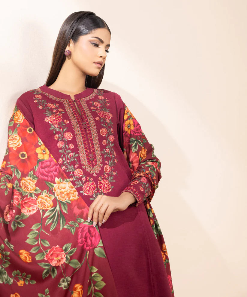 SAPPHIRE- 3PC DHANAK EMBROIDERED SHIRT WITH WOOL PRINT SHAWL AND TROUSER-TBF-RED-S