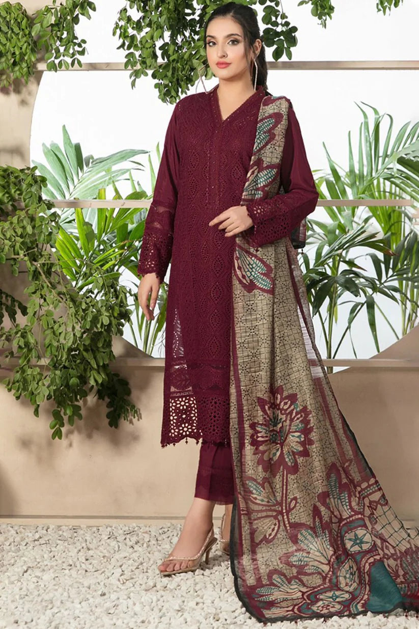 ZAINAB CHOTANI - 3PC CHIKENKARI LAWN EMBROIDERED WITH COTTON SILK PRINT DUPATTA-TANA-2007