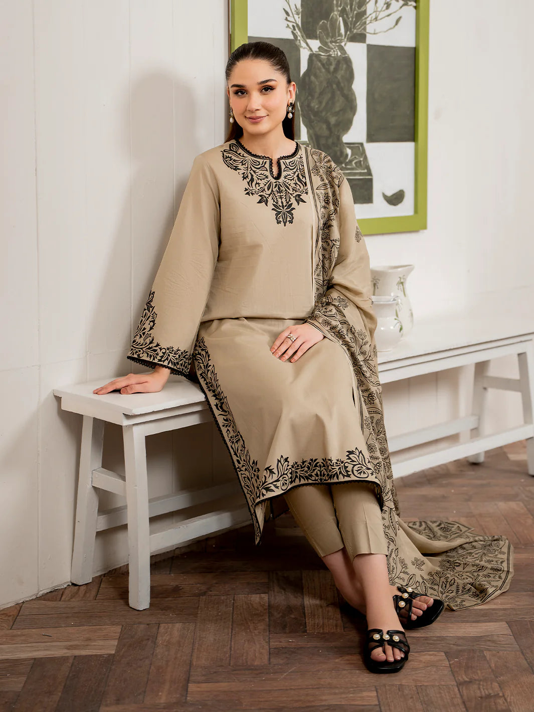 GRANEUT-3PC DHANAK EMBROIDERED SHIRT WITH COUTURE PRINT SHAWL AND TROUSER-TANA-1618