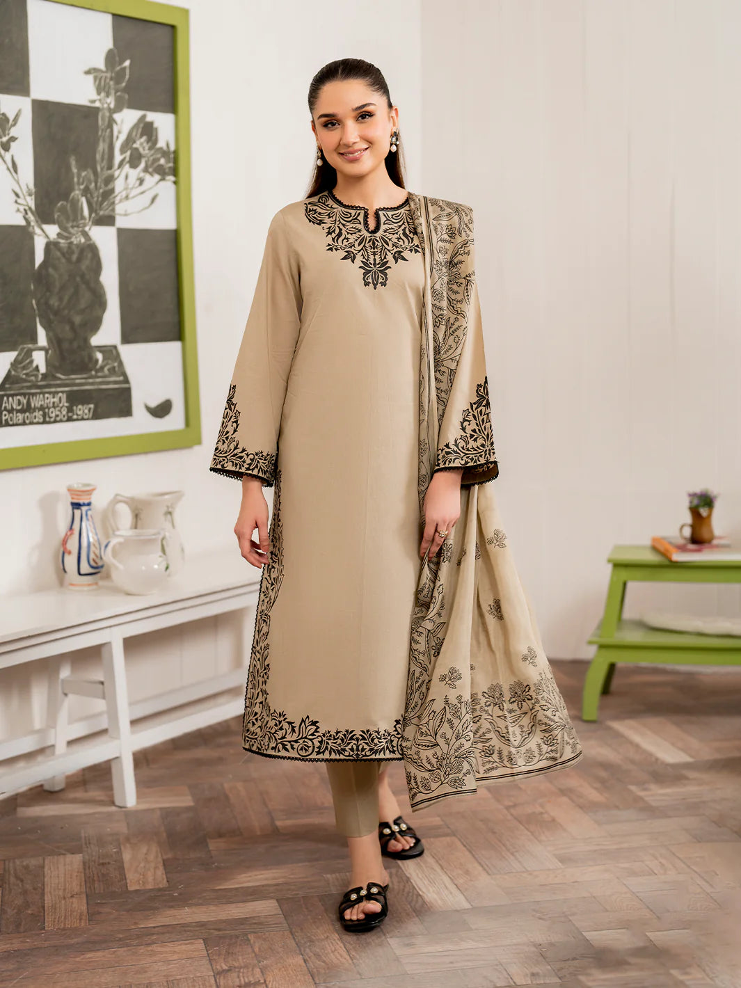 GRANEUT-3PC DHANAK EMBROIDERED SHIRT WITH COUTURE PRINT SHAWL AND TROUSER-TANA-1618