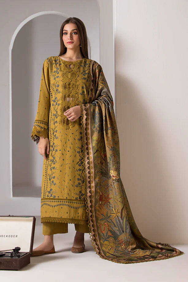 SOBIA NAZIR- 3PC DHANAK EMBROIDERED SHIRT WITH WOOL PRINT SHAWL AND TROUSER-TBF-1790