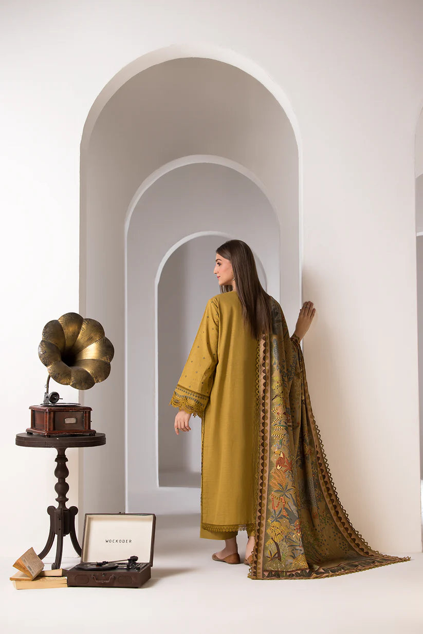 SOBIA NAZIR- 3PC DHANAK EMBROIDERED SHIRT WITH WOOL PRINT SHAWL AND TROUSER-TBF-1790