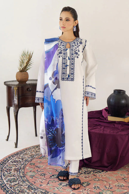 HANA- 3PC DHANAK EMBROIDERED SHIRT WITH COUTURE PRINT SHAWL AND TROUSER-TANA-1562