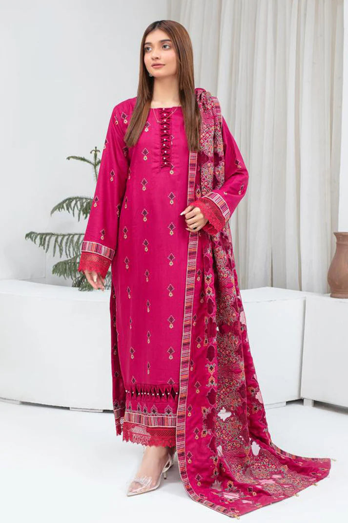 TANA BANA-3PC DHANAK EMBROIDERED SHIRT WITH HEAVY CUTWORK EMBROIDERED DHANAK SHAWL AND TROUSER-TBF-1713