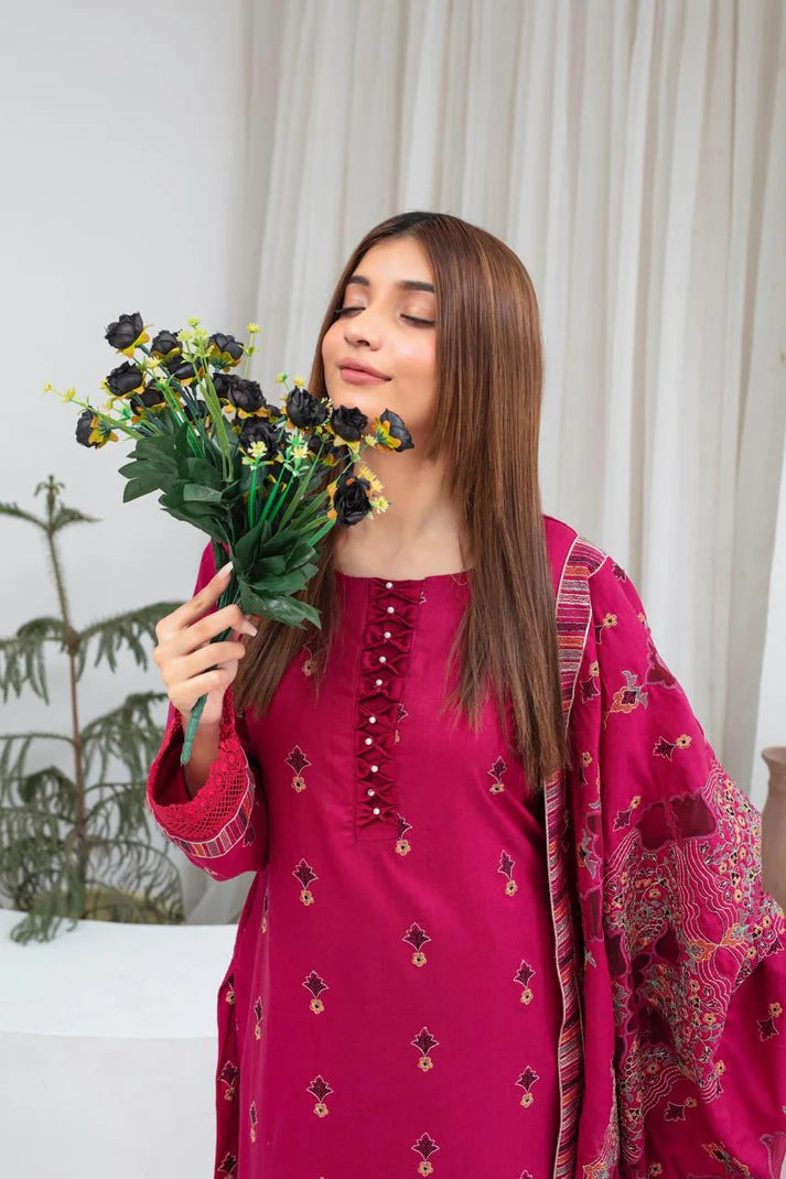 TANA BANA-3PC DHANAK EMBROIDERED SHIRT WITH HEAVY CUTWORK EMBROIDERED DHANAK SHAWL AND TROUSER-TBF-1713