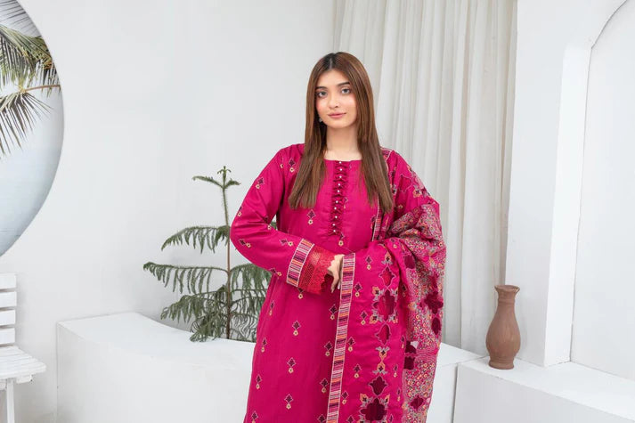 TANA BANA-3PC DHANAK EMBROIDERED SHIRT WITH HEAVY CUTWORK EMBROIDERED DHANAK SHAWL AND TROUSER-TBF-1713