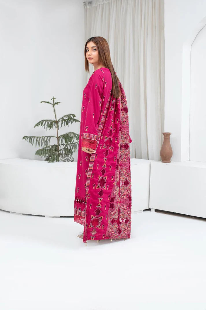 TANA BANA-3PC DHANAK EMBROIDERED SHIRT WITH HEAVY CUTWORK EMBROIDERED DHANAK SHAWL AND TROUSER-TBF-1713