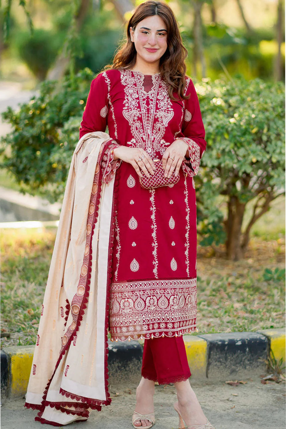 HANA- 3PC DHANAK EMBROIDERED SHIRT WITH COUTURE PRINT SHAWL AND TROUSER-TANA-1679