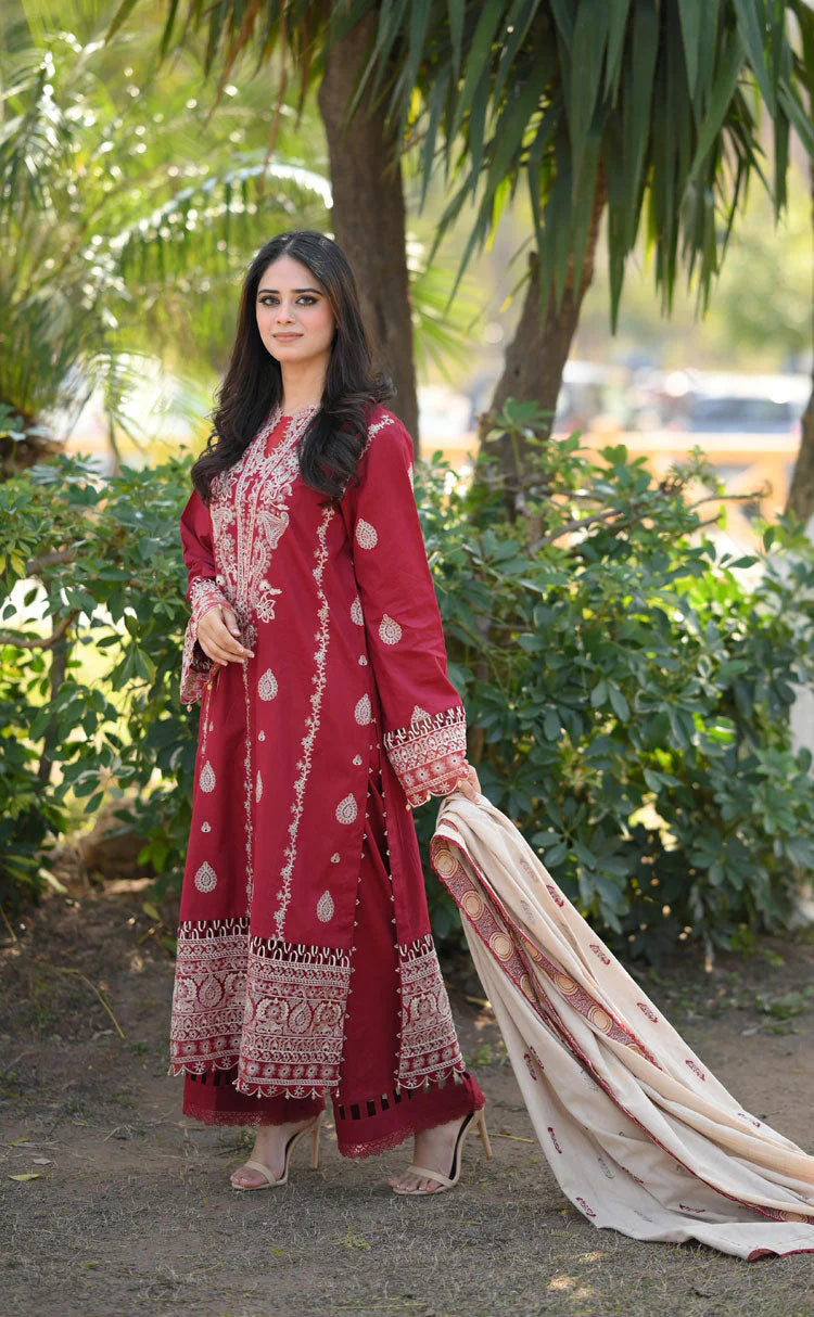 HANA- 3PC DHANAK EMBROIDERED SHIRT WITH COUTURE PRINT SHAWL AND TROUSER-TANA-1679