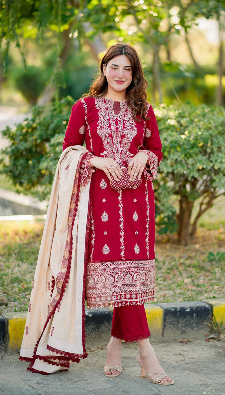 HANA- 3PC DHANAK EMBROIDERED SHIRT WITH COUTURE PRINT SHAWL AND TROUSER-TANA-1679