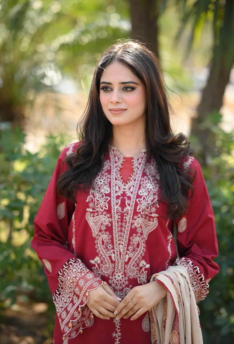 HANA- 3PC DHANAK EMBROIDERED SHIRT WITH COUTURE PRINT SHAWL AND TROUSER-TANA-1679