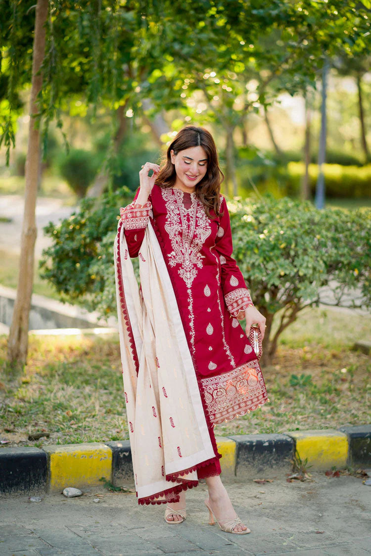 HANA- 3PC DHANAK EMBROIDERED SHIRT WITH COUTURE PRINT SHAWL AND TROUSER-TANA-1679