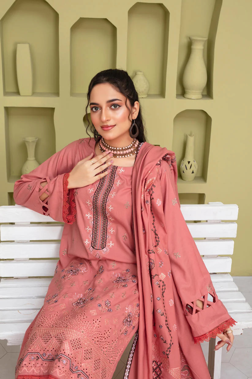 TANA BANA-3PC DHANAK EMBROIDERED SHIRT WITH HEAVY CUTWORK EMBROIDERED DHANAK SHAWL AND TROUSER-TBF-1907