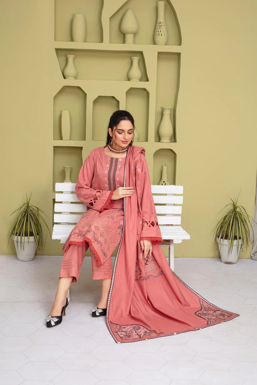 TANA BANA-3PC DHANAK EMBROIDERED SHIRT WITH HEAVY CUTWORK EMBROIDERED DHANAK SHAWL AND TROUSER-TBF-1907