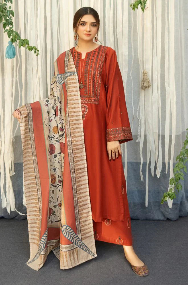 URGE - 3PC DHANAK EMBROIDERED SHIRT WITH COUTURE WOOL PRINT SHAWL AND TROUSER-TANA-2292