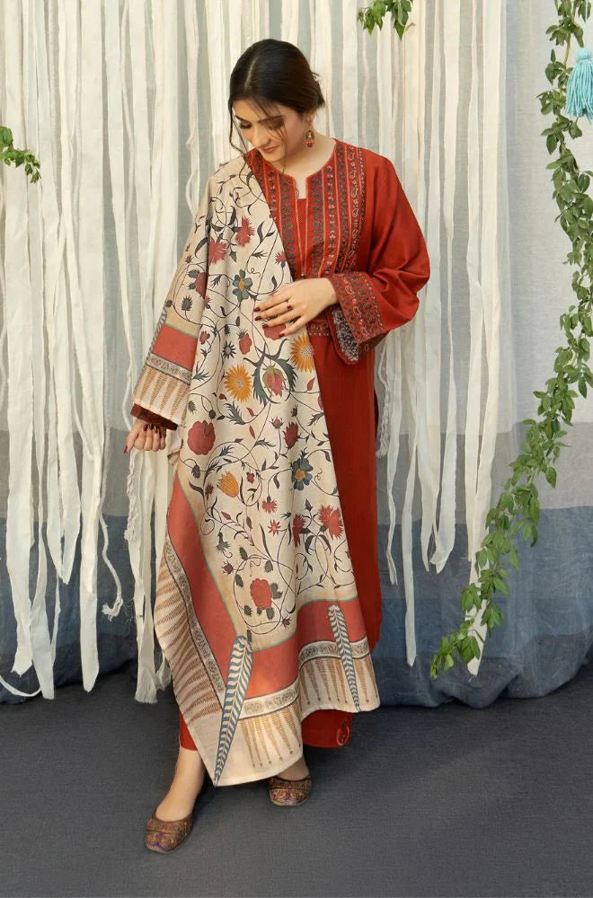 URGE - 3PC DHANAK EMBROIDERED SHIRT WITH COUTURE WOOL PRINT SHAWL AND TROUSER-TANA-2292