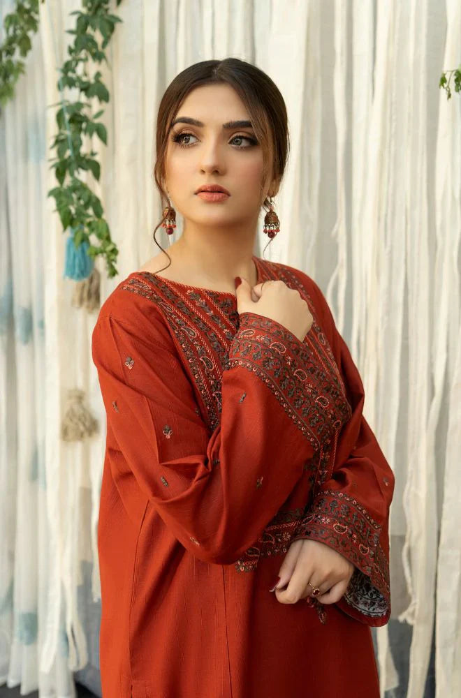 URGE - 3PC DHANAK EMBROIDERED SHIRT WITH COUTURE WOOL PRINT SHAWL AND TROUSER-TANA-2292