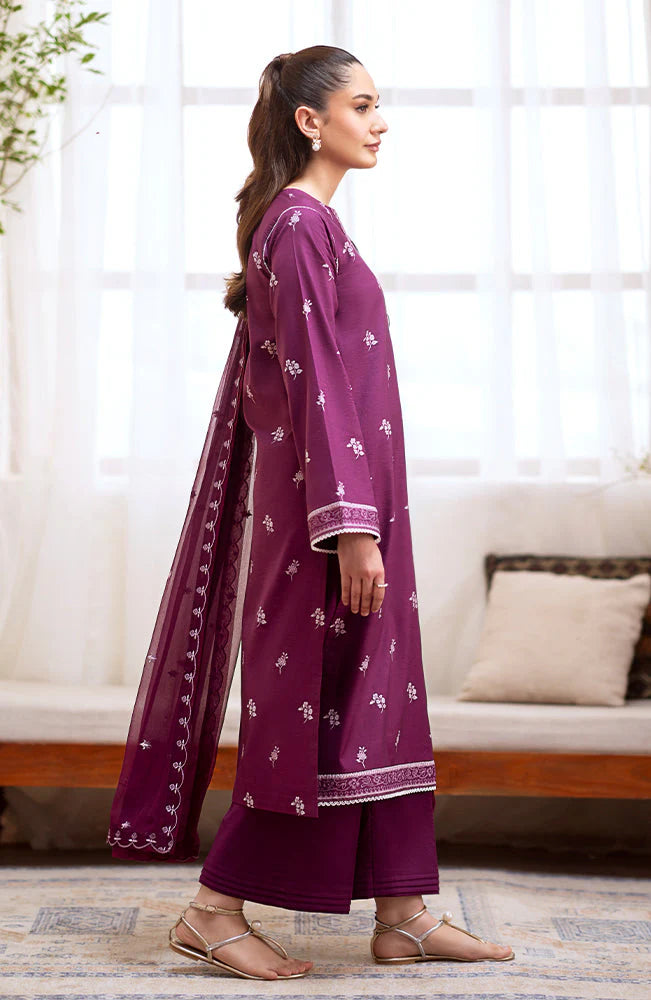 SERAN-3PC DHANAK EMBROIDRED SHIRT WITH DHANAK EMBROIDRED SHAWL AND TROUSER-TBF-