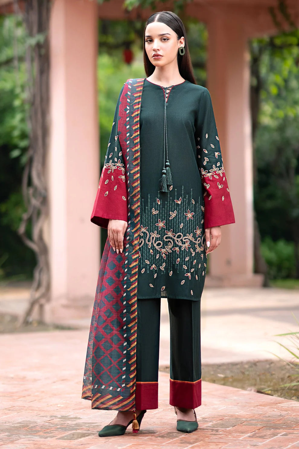 JAZMIN-3PC DHANAK EMBROIDRED SHIRT WITH WOOL PRINT SHAWL AND TROUSER-TANA-1673