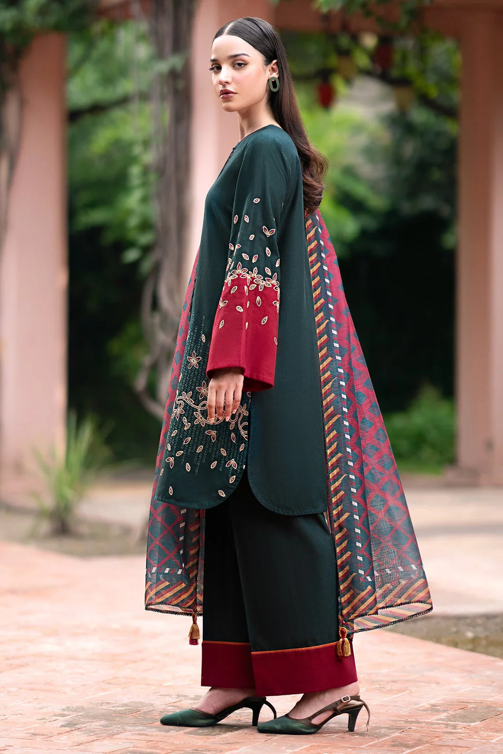 JAZMIN-3PC DHANAK EMBROIDRED SHIRT WITH WOOL PRINT SHAWL AND TROUSER-TANA-1673