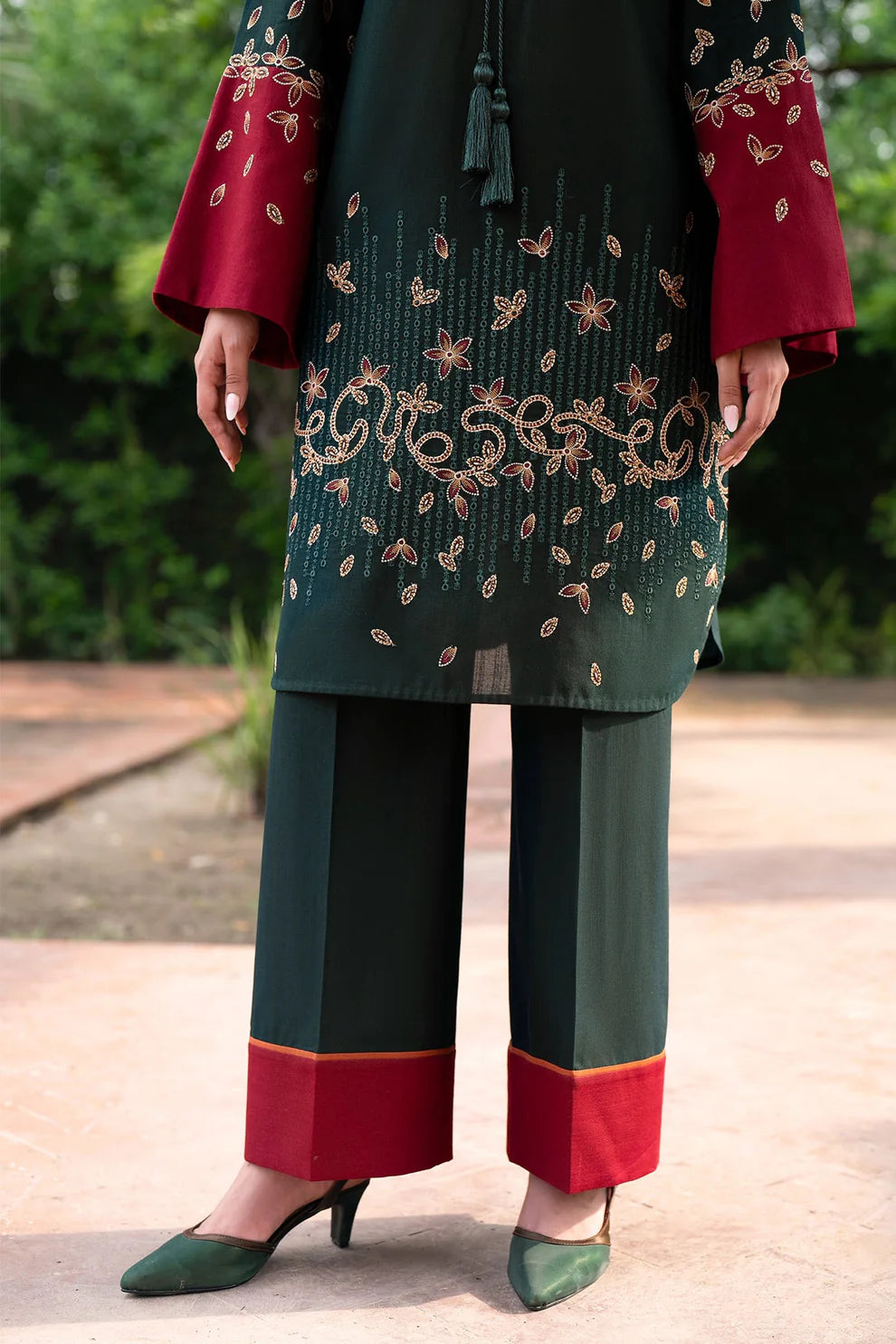 JAZMIN-3PC DHANAK EMBROIDRED SHIRT WITH WOOL PRINT SHAWL AND TROUSER-TANA-1673