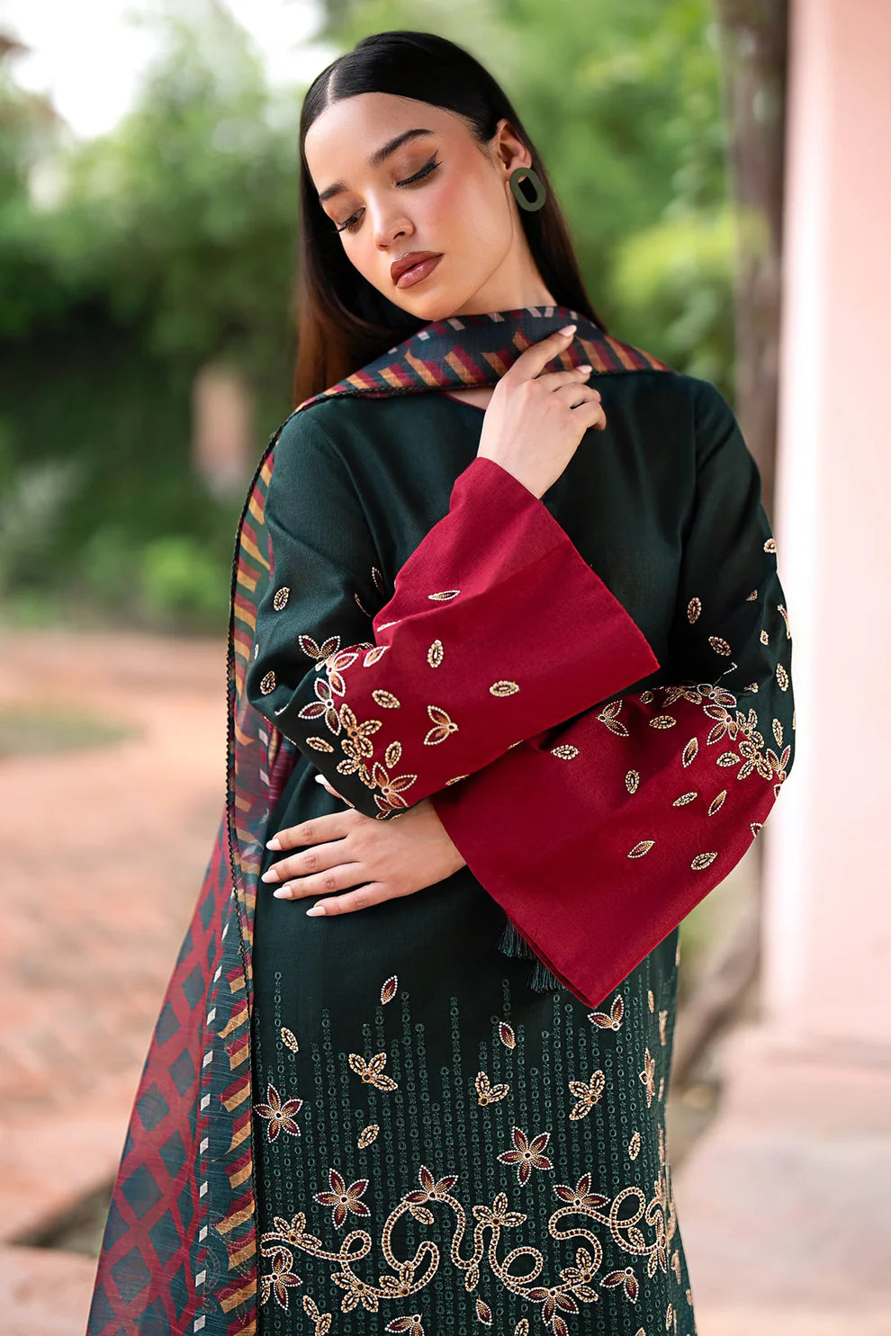 JAZMIN-3PC DHANAK EMBROIDRED SHIRT WITH WOOL PRINT SHAWL AND TROUSER-TANA-1673